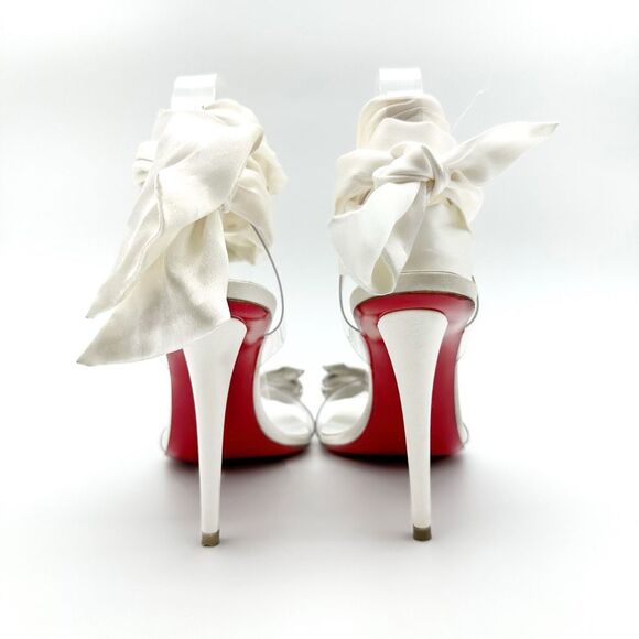 CHRISTIAN LOUBOUTIN Astrinodo Crystal Bow PVC White Sandal Size 38.5 Heel - Picture 7 of 16